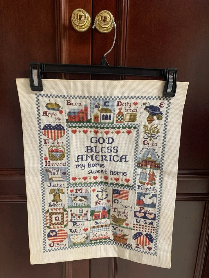 Finished Complete Vintage Paragon God Bless America Counted Cross Stitch Canvas - Image 1 of 4