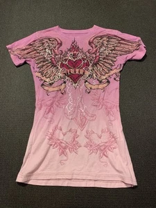 SINFUL By Affliction Women Large Pink Wash Goth Biker Y2K Grunge T-Shirt RARE - Picture 1 of 4