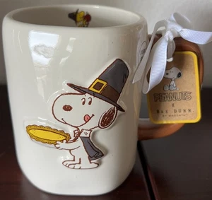RAE DUNN PEANUTS Pilgrim Snoopy Woodstock SHARE GRATITUDE Double Sided 18 oz Mug - Picture 1 of 6