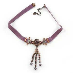 Victorian Lavender Suede Style Diamante Choker Necklace In Bronze Metal - 34cm - Picture 1 of 4