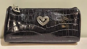 Brighton Hearts Black Croc Embossed Patent Leather Cosmetic Makeup Bag Lined - Picture 1 of 8