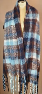 Halstuch Schal Halstuch Plaid Fransen blau braun warm Decke 78" x 20" weich NEU - Bild 1 von 5