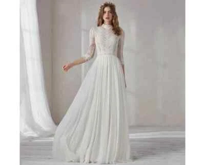 Elegante Vestido de Novia Cuello Alto Media Manga Gasa Apliques Línea A Vestidos de Novia Foto 1 de 4