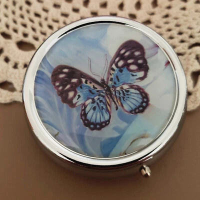 Cute Pill Box For Purse Decorative Case Blue Butterfly Holder Vitamin Mint Metal - Image 1 of 4