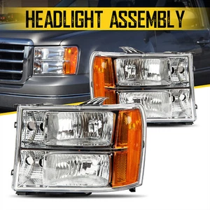 New HeadLights HeadLamps Assembly For 2007-2014 GMC Sierra Chrome Amber OE Style - Picture 1 of 10