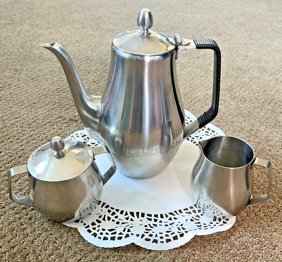 VINTAGE STAINLESS STEEL tea?water? PITCHER WITH CREAMER, SUGAR SET-REED & BARTON - Image 1 of 4