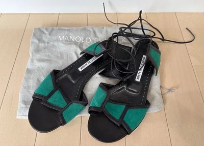 MANOLO BLAHNIK Sandals Shoes Woman Black Green Open Toe Size 5.5 Made in Italy - Image 1 of 3