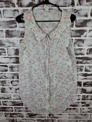 Camisa de Noche Vintage Anne Stuart Mediana Sin Mangas Blanca Rosa Floral Foto 1 de 4