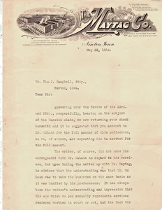 1914 Maytag Company Letterhead Newton Iowa Hand Signed by T A Moler 2 Pages - Picture 1 of 2