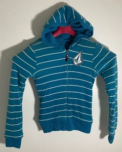 Volcom Womens Teal & White Striped Hoodie Sweatshirt With Front Zip & Hood - Picture 1 of 2