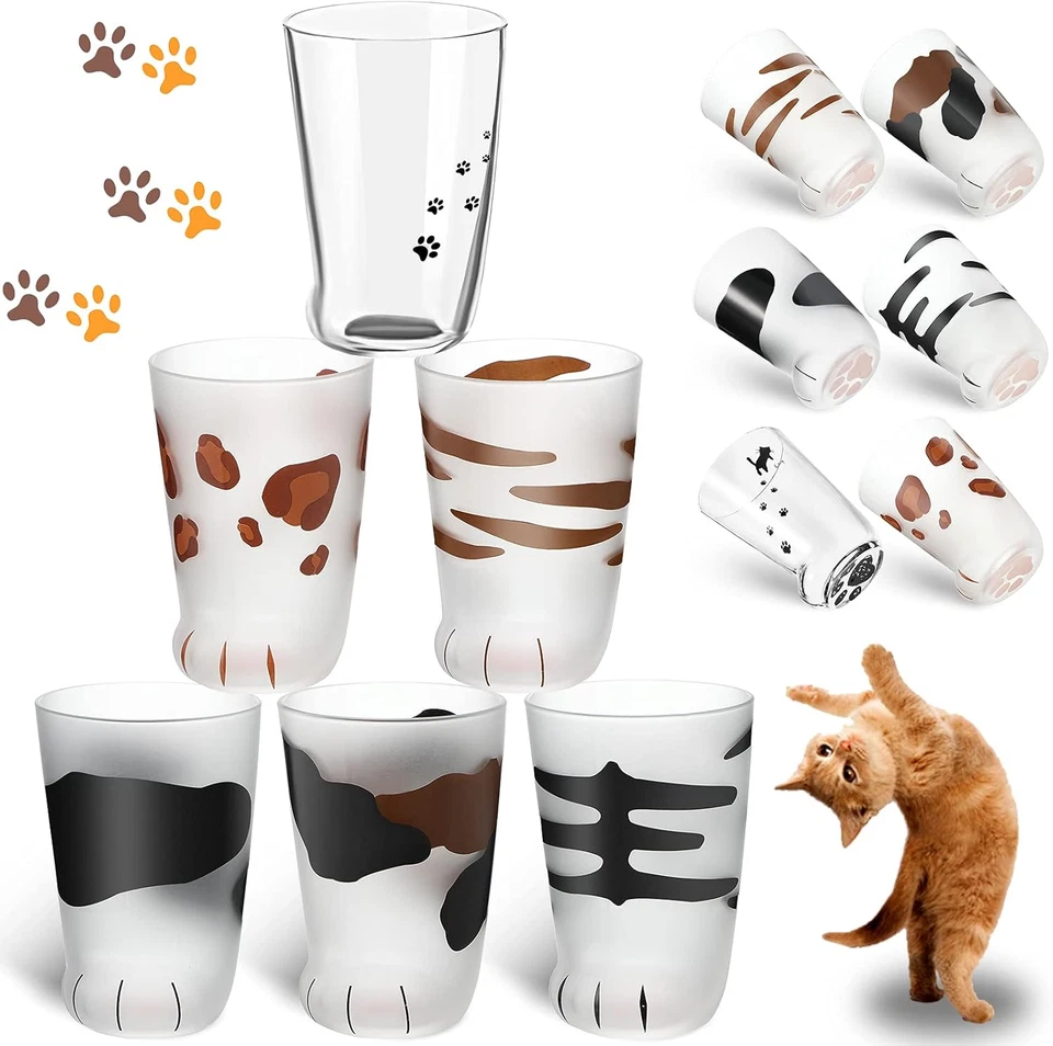 Tazas de pata de gato 6 piezas, taza de vidrio con garra de gato Kawaii, taza de café con estampado esmerilado, pie Foto 1 de 4