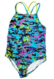 Speedo Girls 1-Piece Swimsuit Sz 14 Turquoise Paint Splatter Lined Strapback - Picture 1 of 7