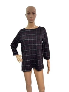 J Jill Ponte Women’s Size Medium 3/4 Sleeve V Pleat Back Plaid Bordeaux Top - Picture 1 of 6