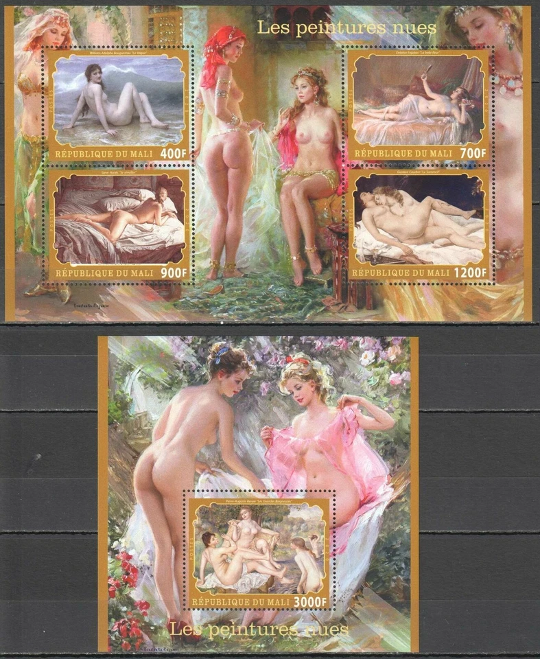  MALI 2020 EROTIC ART  PAINTINGS OF RENOIR COURBET BOUGUEREAU S/S x 2 sheets MNH - Image 1 of 1