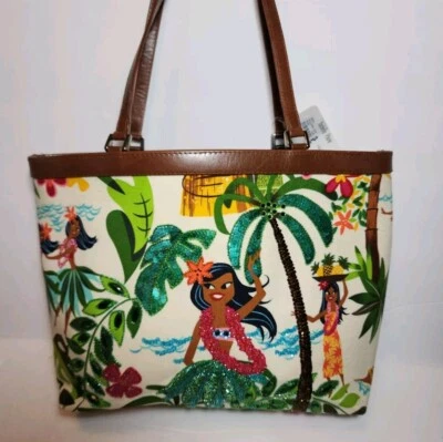 ISABELLA FIORE HULA GIRL HAWIIAN FLORAL,BEADED,MULTI MEDIA APPLIQUE,HANDBAG $390 - Image 1 of 4