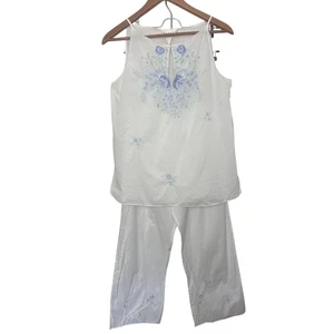 Natori 2 Piece Woven Cotton Embroidered Tank & Capri Pants Women’s Sz Small - Picture 1 of 11
