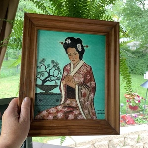 Cuadro de pared oriental vintage japonés 1978 pintado a mano enmarcado en lienzo colgante - Imagen 1 de 5
