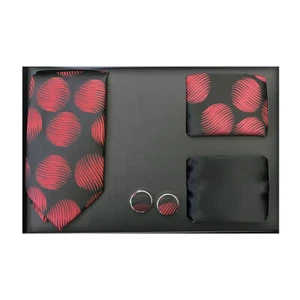 New formal Men's skinny necktie hankie cufflinks gift set pattern black red - Bild 1 von 3