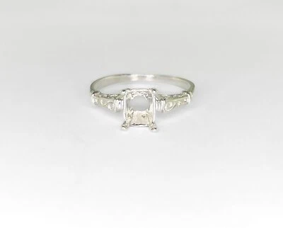 7 x 5 mm Emerald Cut Scroll Shank Sterling Silver Hand Finished Ring Setting - Image 1 of 3