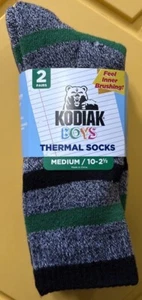 Kodiak Boys Gray Green Stripe 2 Pair Size (Medium) 10-2.5 Thermal Socks *NEW - Picture 1 of 3