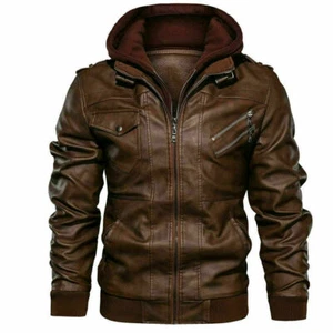 Mens Genuine Real Leather Jacket Distress Brown Bomber Winter Hooded Jacket Coat - Picture 1 of 4