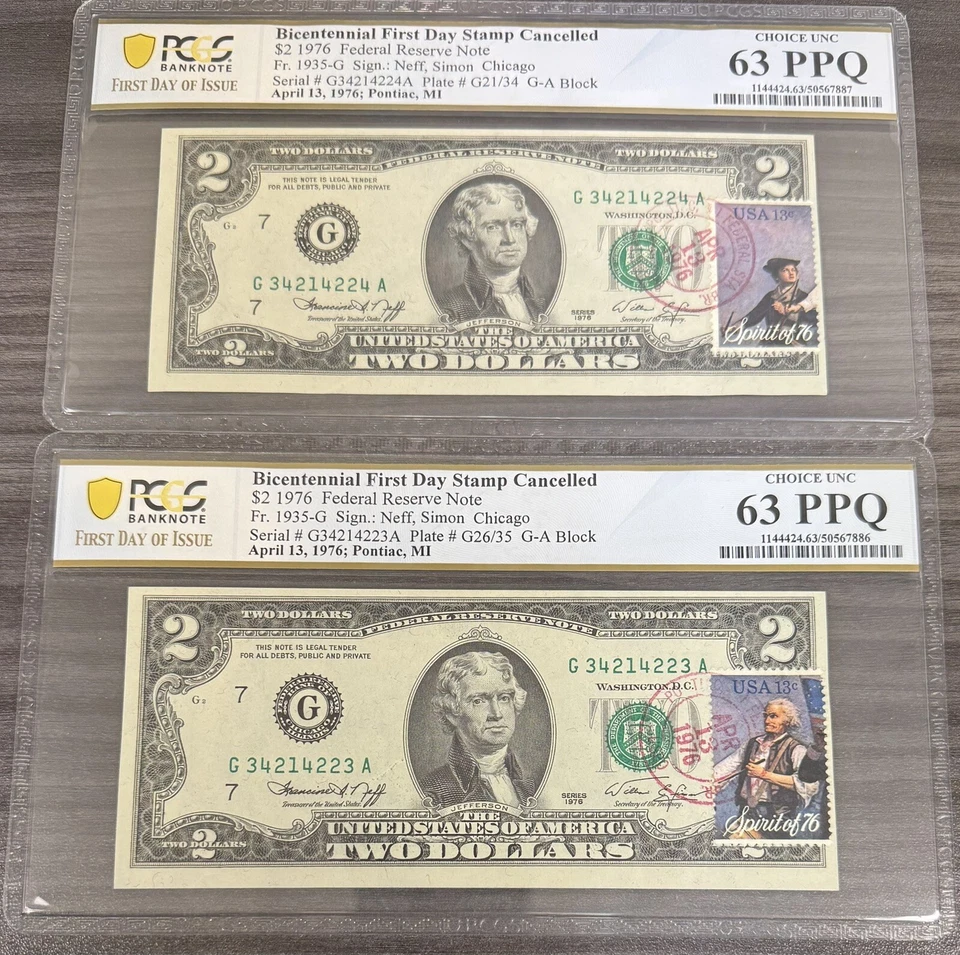 1976 $2 Two Dollar Bill - Stamped 4/13/1976 PCGS 63 PPQ FDOI 2 Consecutive SN V5 - Image 1 of 1