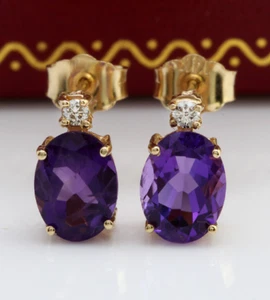 2.50 Carat Natural Amethyst and Diamond in 14K Solid Yellow Gold Stud Earrings - Picture 1 of 4