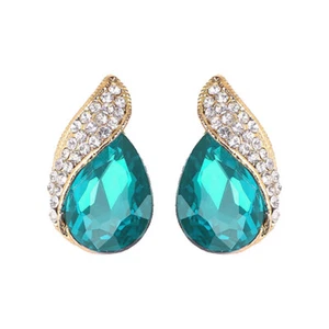 Non-Pierced Gold Plated Turquoise Crystal Teardrop Stud Style Clip On Earrings - Picture 1 of 4