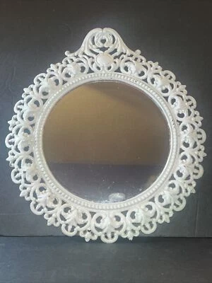 Ornate White Round Iron Wall Vanity Mirror Cast Iron Art Nouveau Filigree VTG￼ - Image 1 of 4