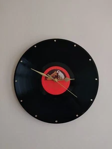 Hand Made Vintage Record Wall Clock 12" His Masters Voice LP Gold Hands - Picture 1 of 3