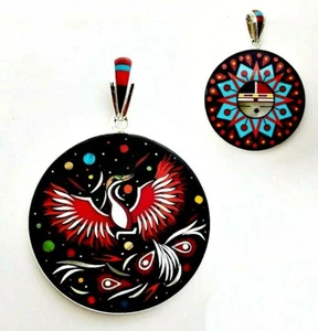 AMAZING PHOENIX BIRD SUNGOD SPINY ONYX MOP INLAY .925 SILVER MEDALLION PENDANT - Picture 1 of 3