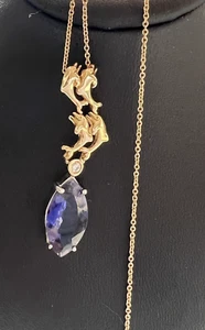 14K Yellow Gold Natural 7CT Marquise Iolite Diamond Dolphin Pendant  Chain 18" - Picture 1 of 12