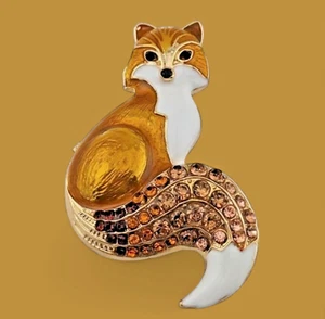 RED FOX BROOCH or PENDANT convertible crystal & enamel goldtone Kitsune pin Q4 - Picture 1 of 6