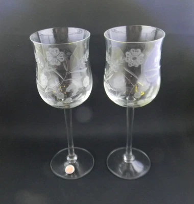 Pair Vintage Romania Etched Floral Tulip Shaped Wine Glasses 7.25" - Image 1 of 3