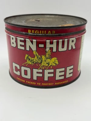 Vintage Ben Hur Coffee Can Tin 1lb Key Wind W/ Original Lid.  Nice Condition - Image 1 of 4