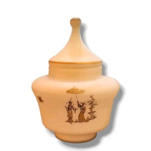 Vintage White Frosted Glass Ginger Jar w/ Lid Asian Scene & Floral Detail - Picture 1 of 10