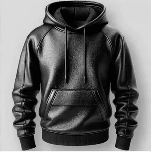 Men’s Black Faux Leather Hoodie Jacket | Casual Slim Fit Pullover Sweatshirt - Picture 1 of 4