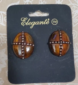 Elegante' Vintage Clip Earrings**Large Brown Ovals**NOS**Style #2532 - Picture 1 of 3