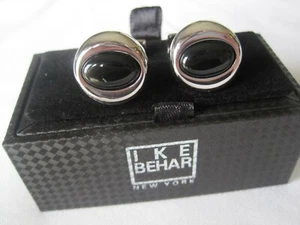 Ike Behar Round Silver-Tone Onyx Cufflinks - Picture 1 of 6