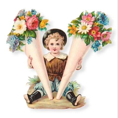 Antiguo ramo de papel de chatarra troquelado victoriano mussie mussies niño y flores de la década de 1880 Foto 1 de 2