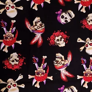 Shamash & Sons Fabric Skull Roses Pirates ⅞ Yd Dia De Los Muertos Novelty Cotton - Picture 1 of 4