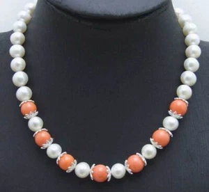 9-10mm Round Natural White Pearl Necklace for Women with Pink Coral Chokers 17" - Picture 1 of 4