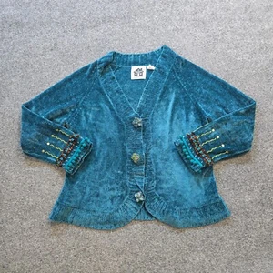 Storybook Knits Sweater Womens Size Medium Green Chenille Beaded Buttons Pom Pom - Picture 1 of 10