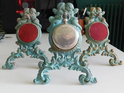 1 PORTE montre GOUSSET, AUX PUTTI,  BRONZE VERT +- 1900 coq argent or 18k uhr - Photo 1/4