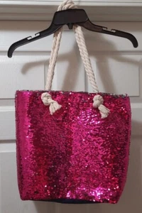 PINK SEQUIN TOTE BAG PURSE with Rope Handles - NWT - Fuchsia - Picture 1 of 11