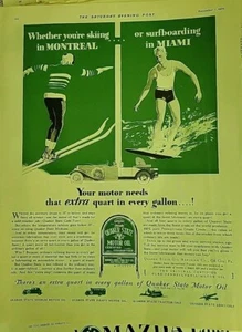 1929 Quaker State Motor oil skier skiing surfers surfing Vintage ad - Picture 1 of 1