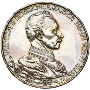 PRUSSIA 3 Mark 1913 Silver AU/UNC Wilhelm II '25th Year of Reign' - Picture 1 of 4