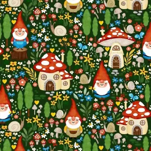 By 1/2 Yard Michael Miller Gnome Sweet Gnome Garden Fabric ~ Mushroom House - Picture 1 of 4