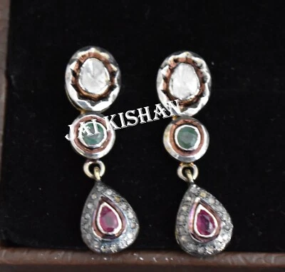 Elegant Rubin Smaragd Edelstein Pave Diamant 925 Sterlingsilber Viktorianisch - Bild 1 von 4