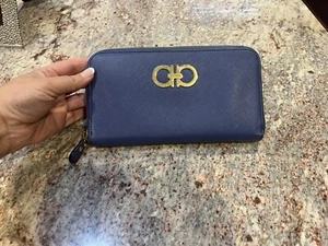 Salvatore Ferragamo Gancini Leather Zip Around Long Wallet Blue Saffiano - Picture 1 of 15